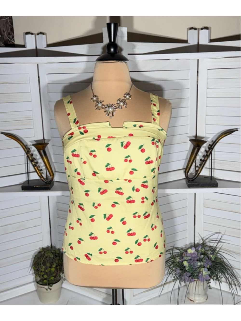 Vintage Y2K Belle Poque yellow halter top cherry print pattern elastic back 2X